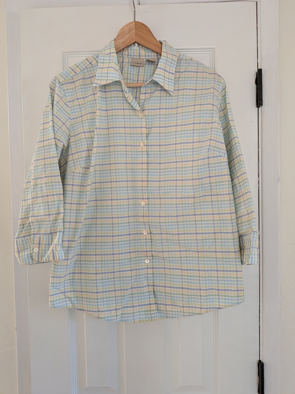 L.L. Bean Women's Blue/Green/Yellow Plaid 3/4 Sleeve Button Up Shirt Size Large